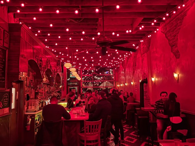 interior of a red-hued bar