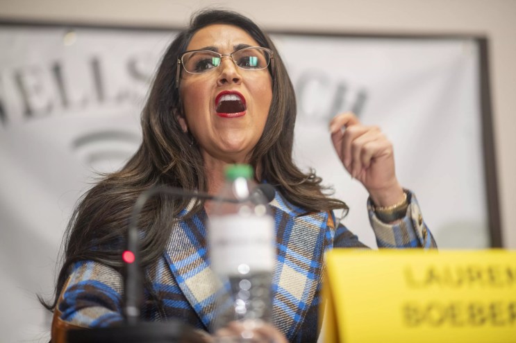 Rep. Lauren Boebert speaking at a GOP primary debatefor CD4 in Fort Lupton.