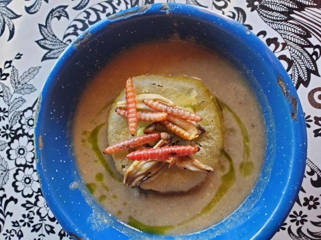 red worms on top of mushroom soup in a blue bowl