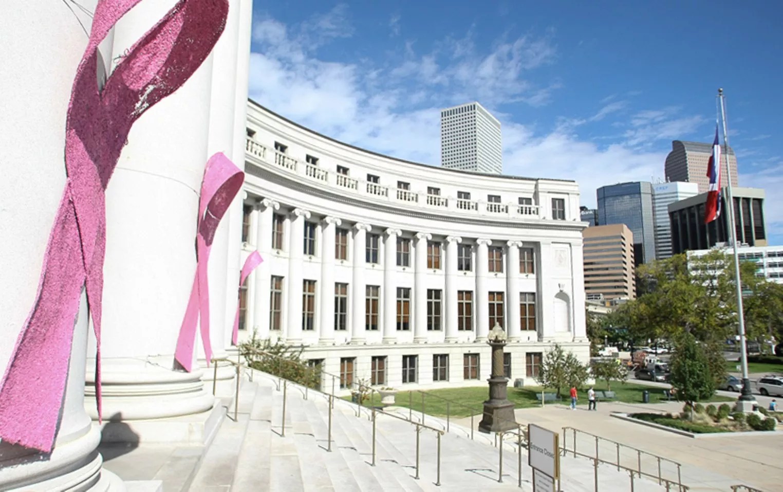 Denver city and county building with pink bow