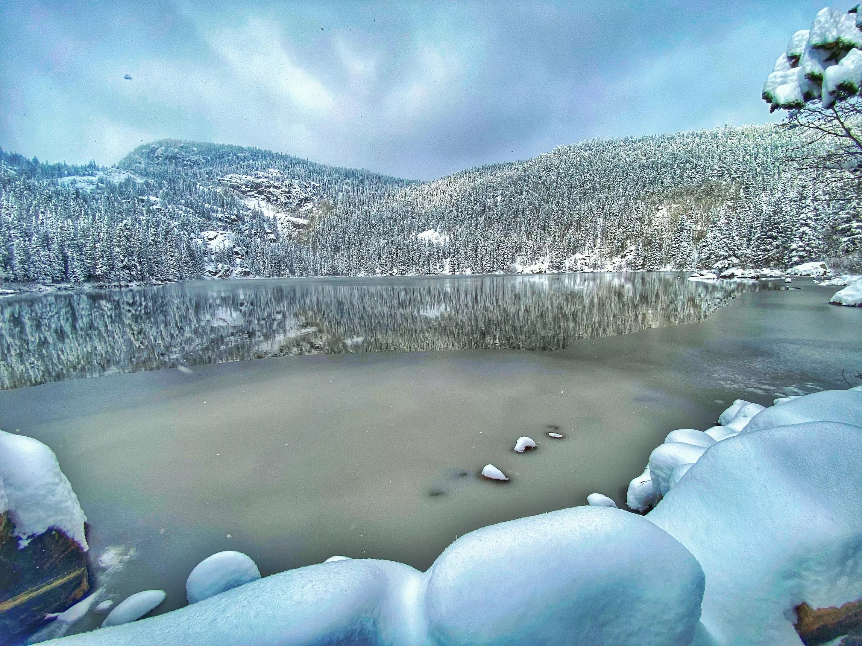 landscape shot of a lake covered in ice