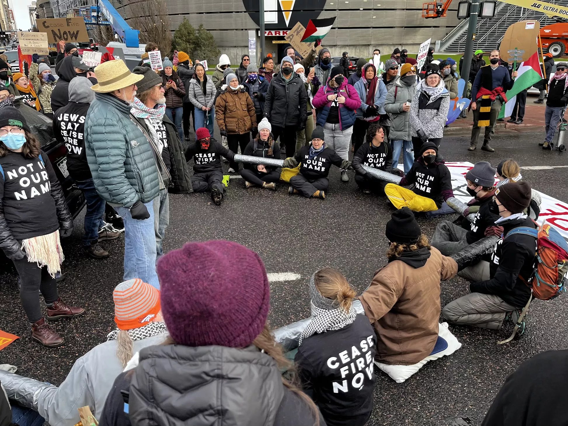 Jewish Voice for Peace protesters staging their sit-in on Speer Boulevard near the Colorado Convention Center as it hosts the Jewish National Fund’s 2023 Global Conference for Israel.