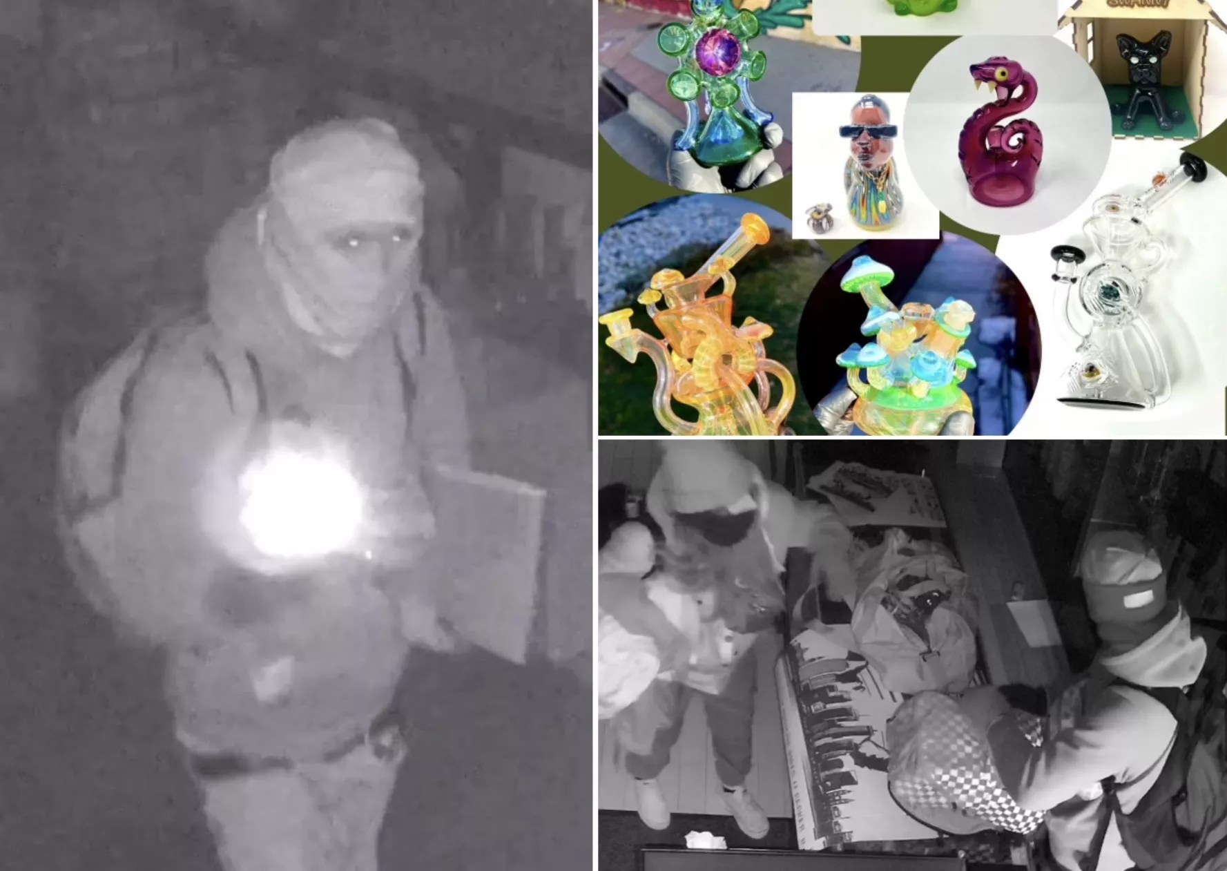 Photos showing thieves who broke into Positive Vibes smoke shop in Denver and some of the glass they stole.