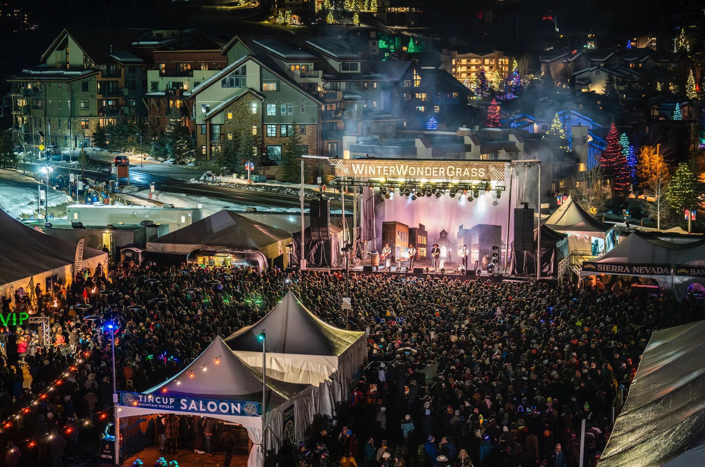 music festival stage in a mountain town