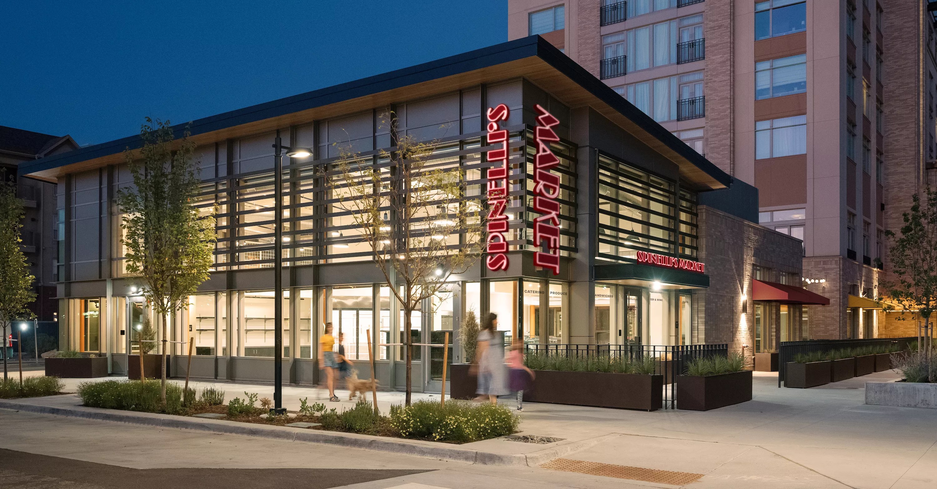 exterior of a building with a red sign