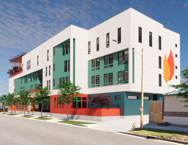 Renderings of Urban Peak's "Mothership" homeless shelter