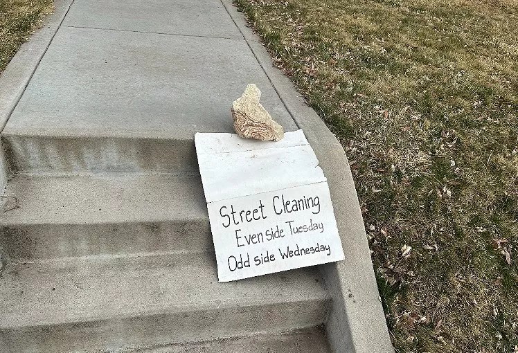 rock on sidewalk steps with street-sweeping sign.