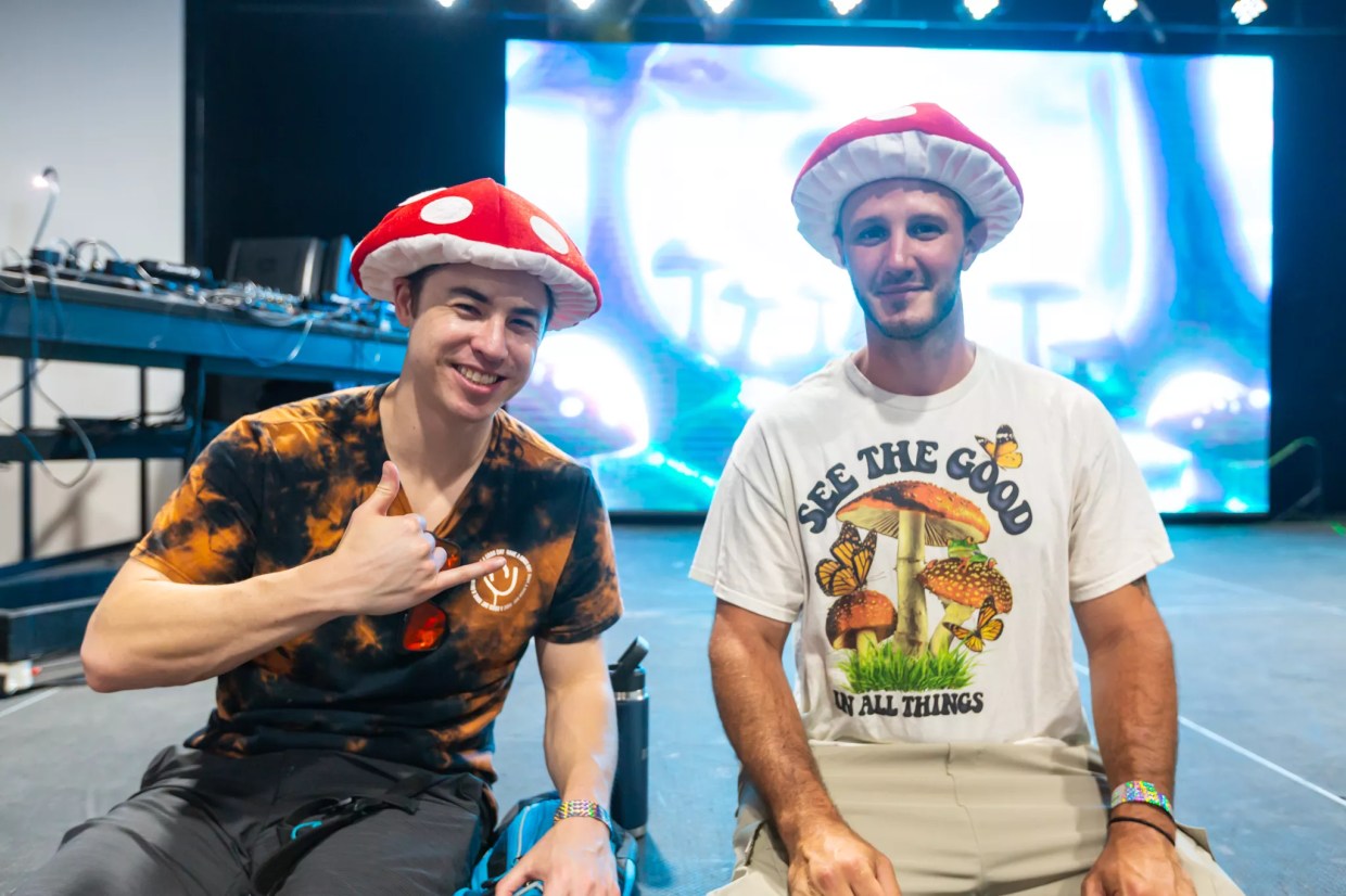 Men wearing red mushroom hats