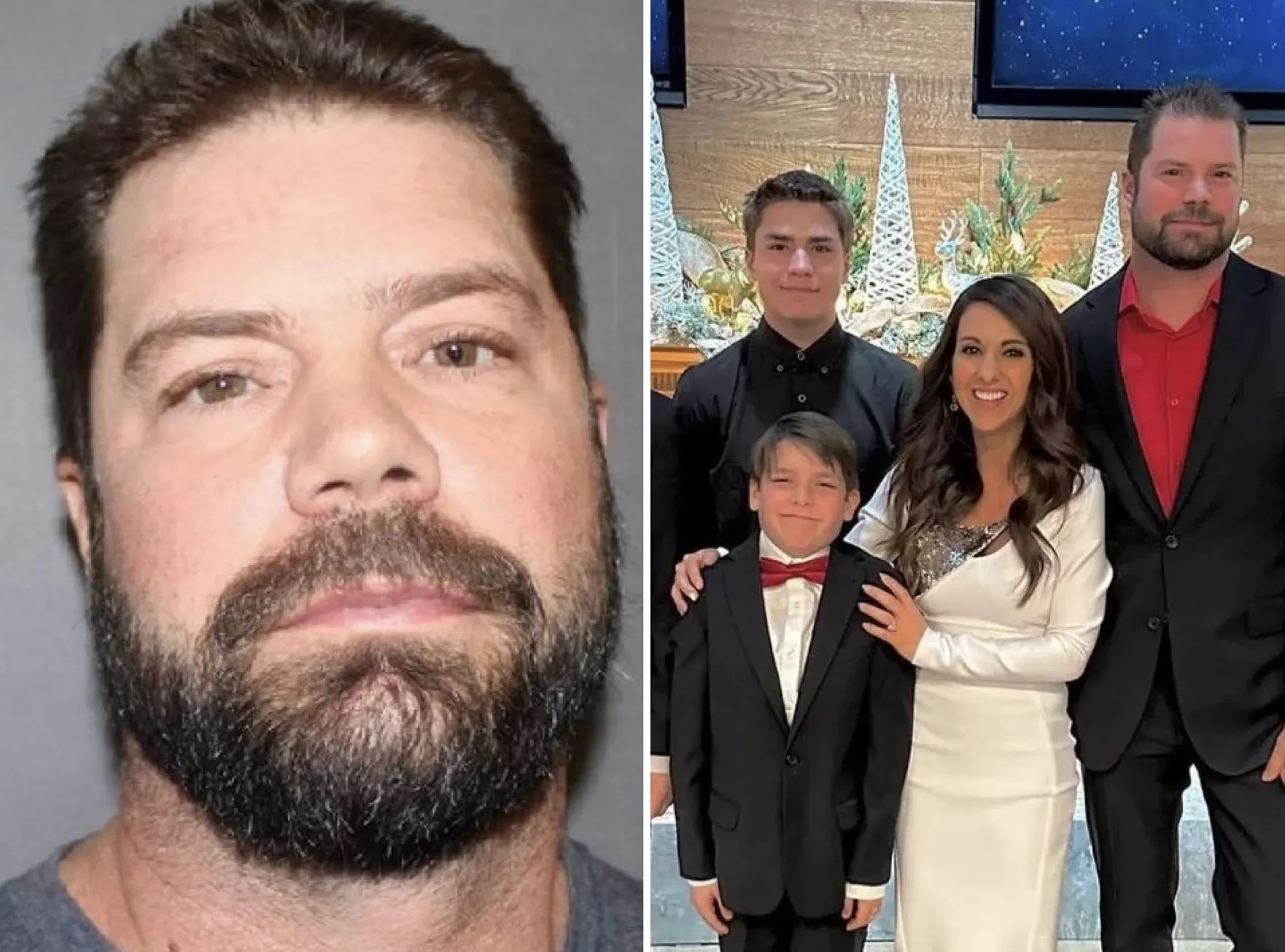 A photo collage showing the Boebert family standing together with a mugshot of Jayson Boebert.