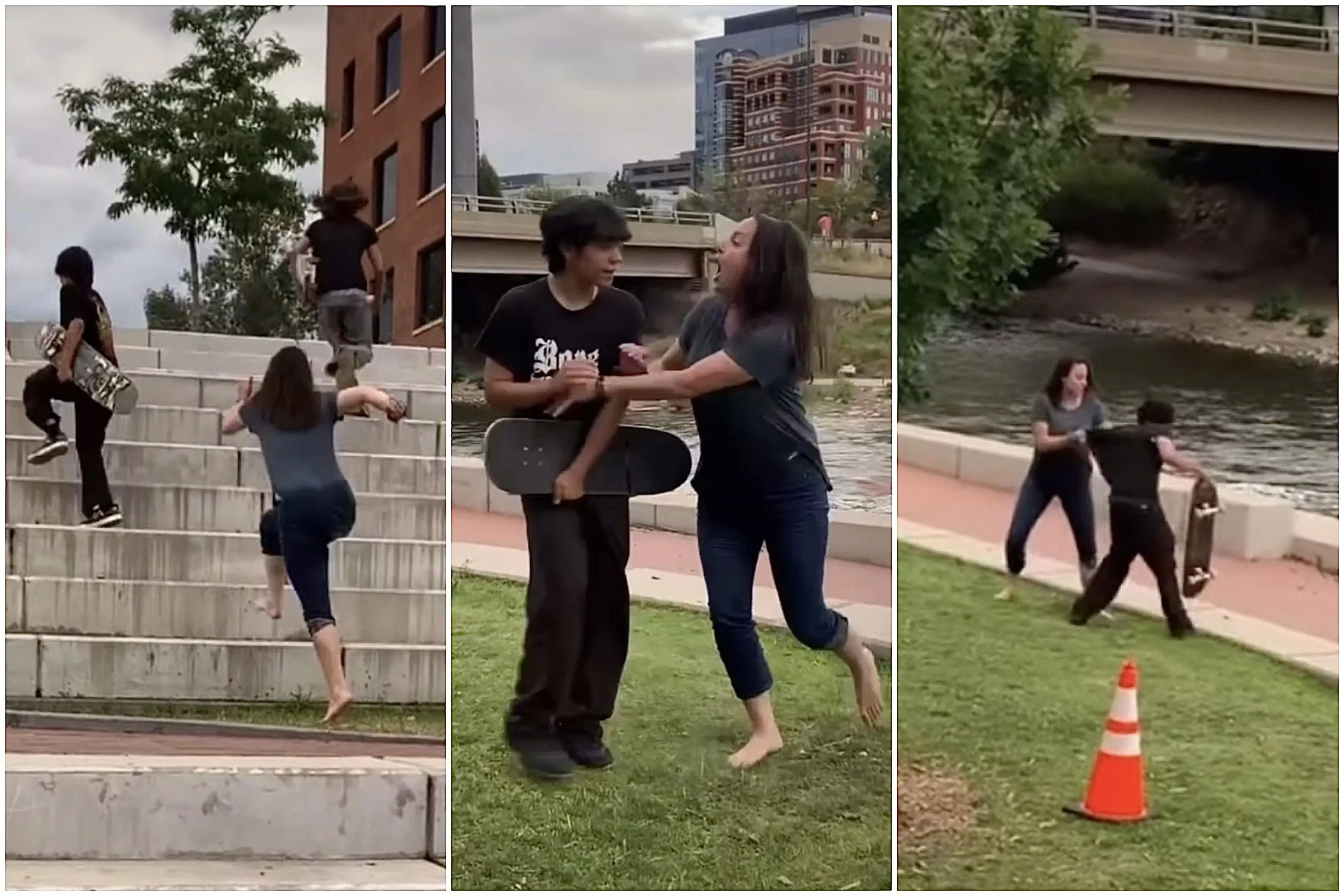 Screenshots of a video show a woman running after, pushing and pulling young skateboarders.