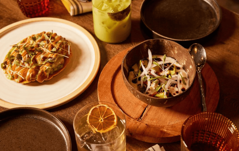 various food and drinks on a table