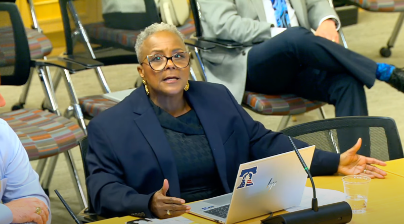 Aurora City Council member Stephanie Hancock speaking during a closed-door session.