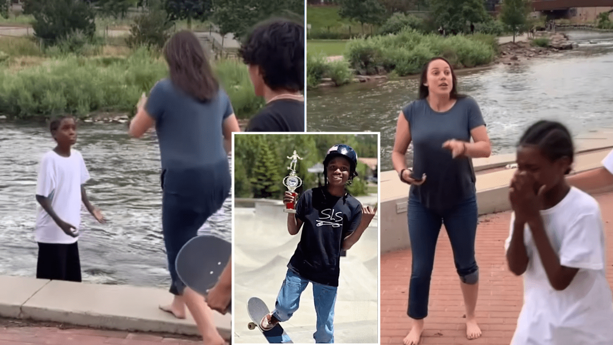 Collage of viral skateboard incident in Denver