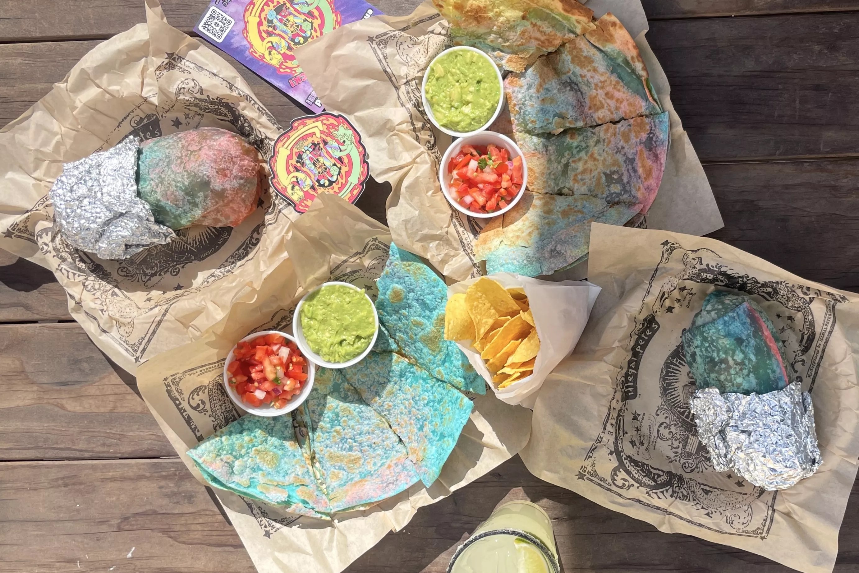 Illegal Pete's quesadillas and burritos made with tie-dyed tortillas