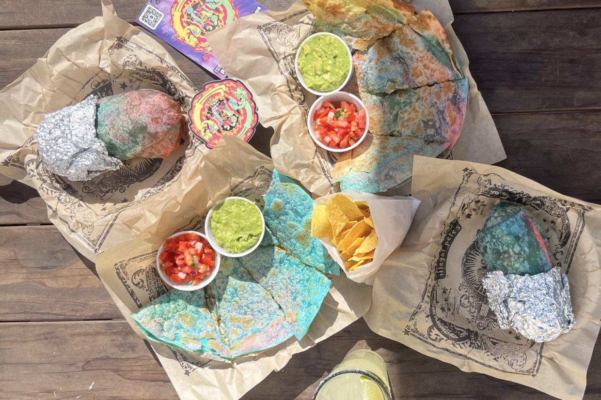 Illegal Pete's quesadillas and burritos made with tie-dyed tortillas