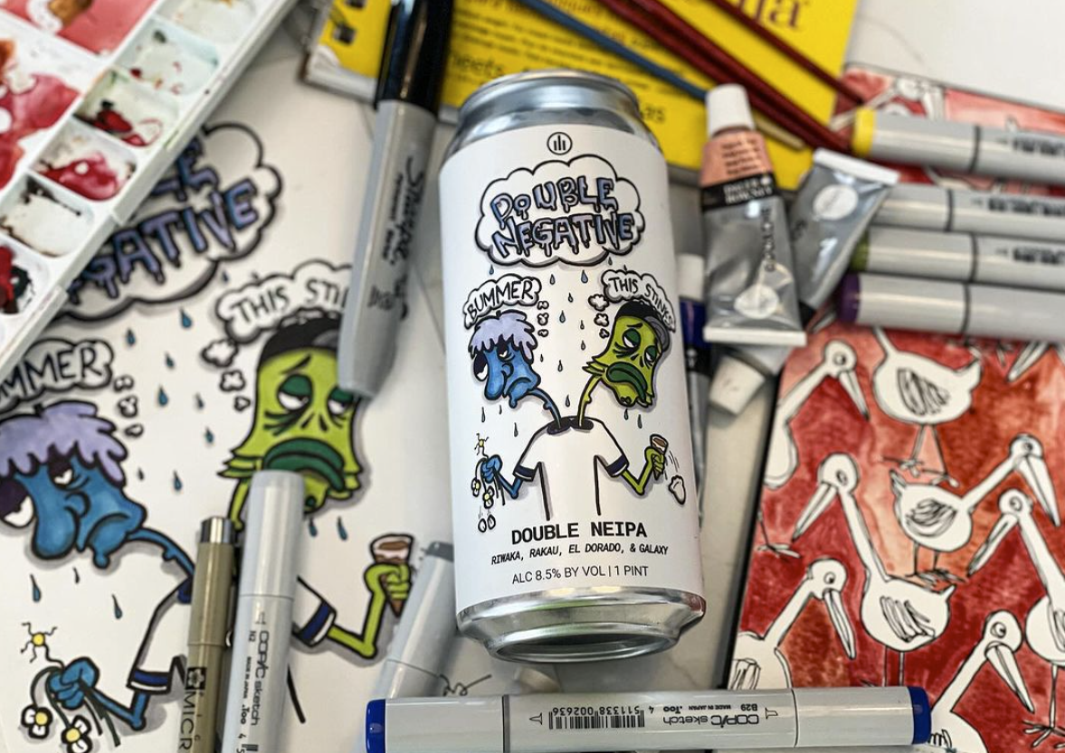 Beer can with nostalgic theme in the background.