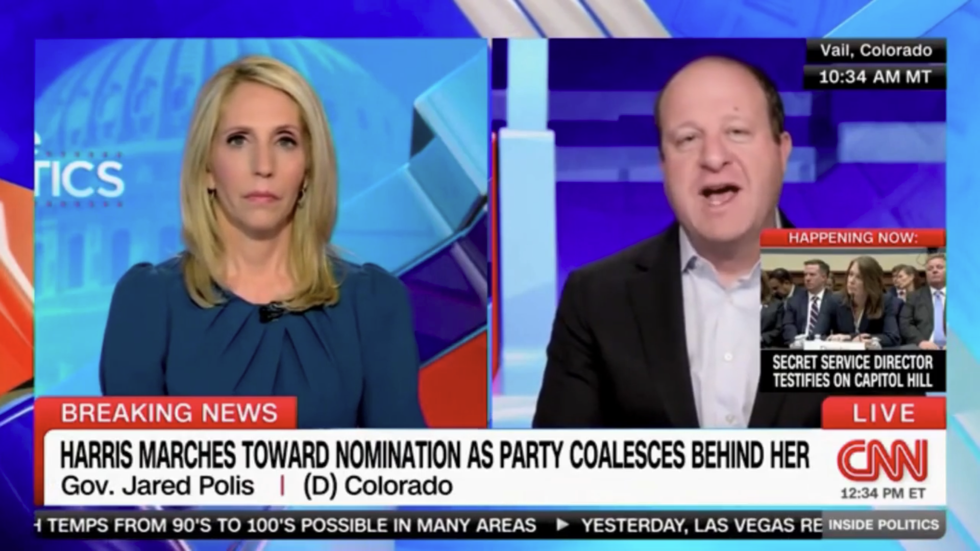 Jared Polis and Dana Bash during a CNN interview.