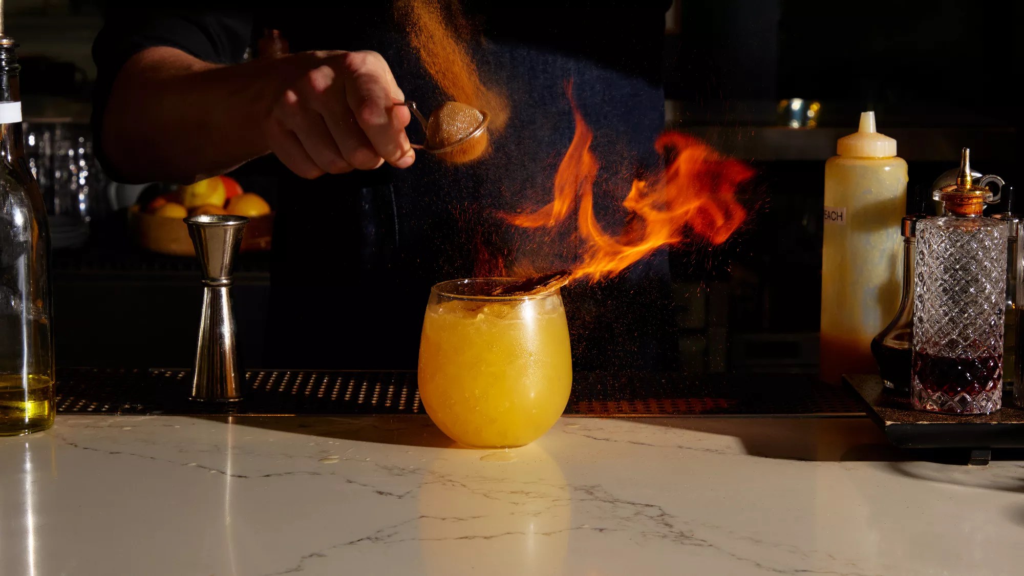 a cocktail on fire