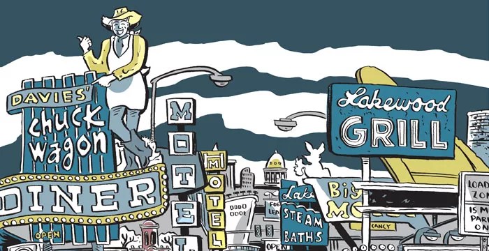 cartoon of street with signs