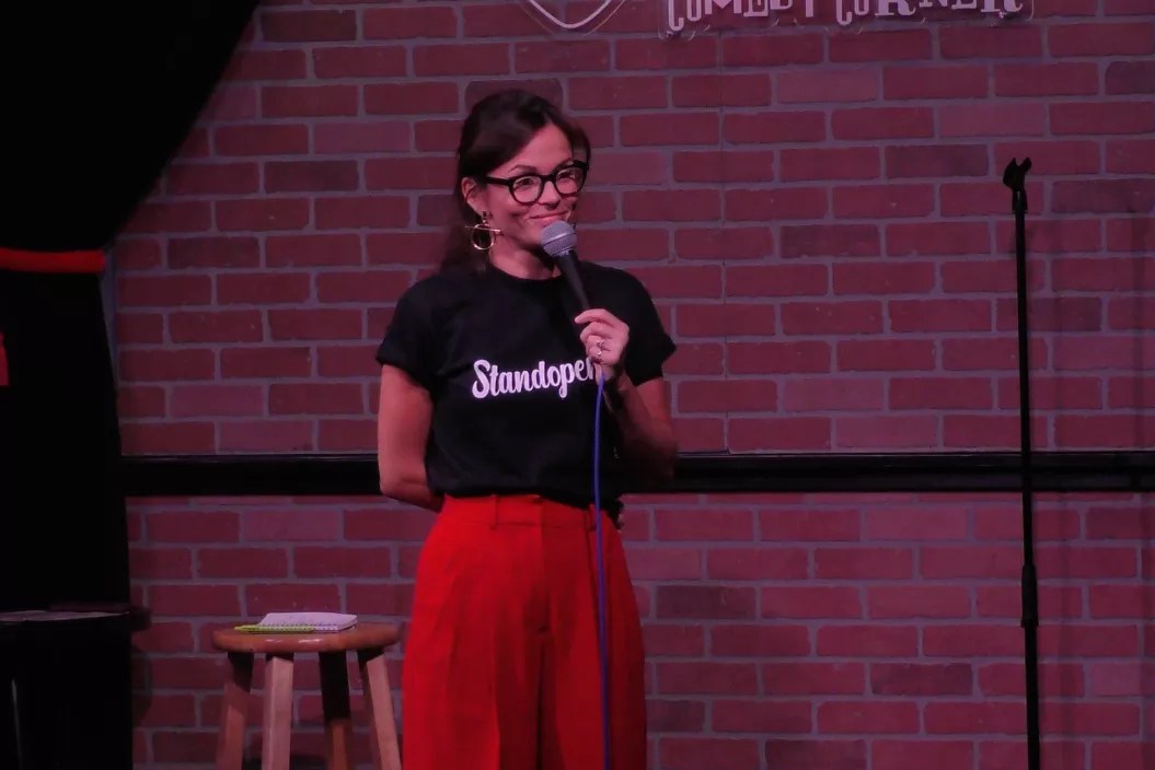 A comedian performs.
