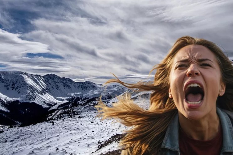 woman screaming on a mountain