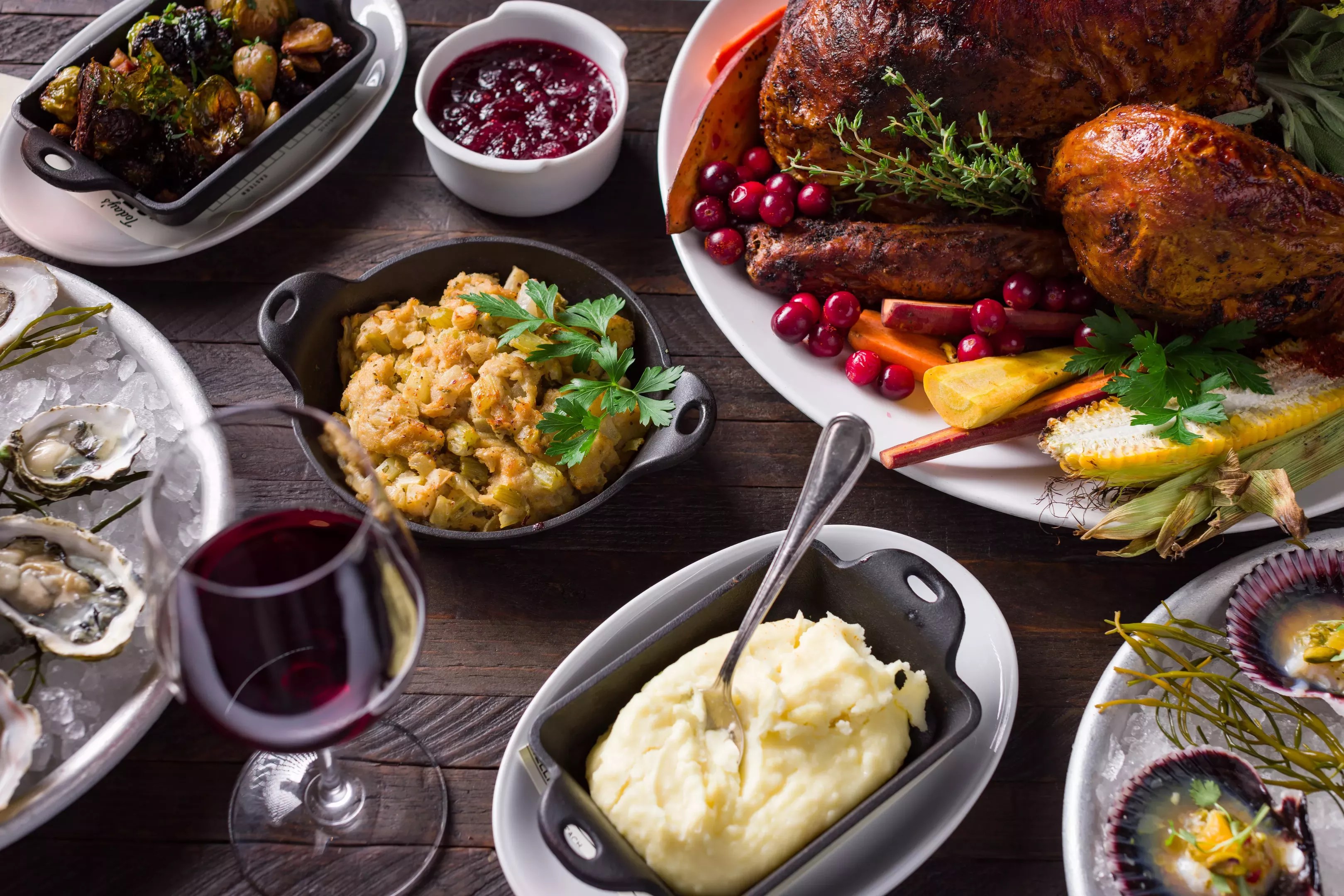 The Thanksgiving spread from Water Grill featuring turkey, stuffing, mashed potatoes and more