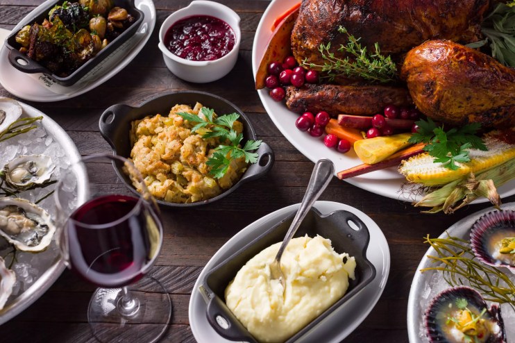 The Thanksgiving spread from Water Grill featuring turkey, stuffing, mashed potatoes and more