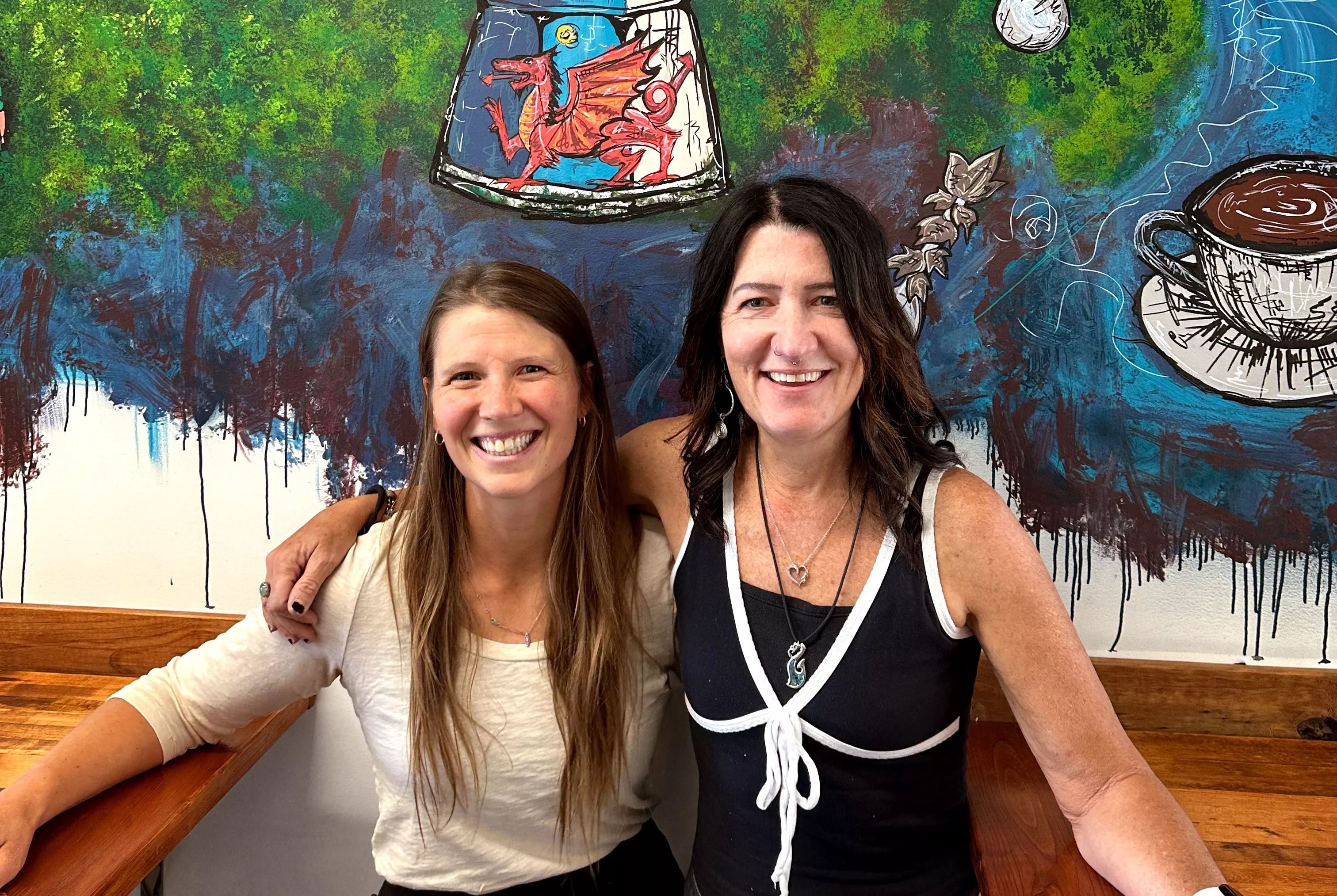 two women posting in front of a mural