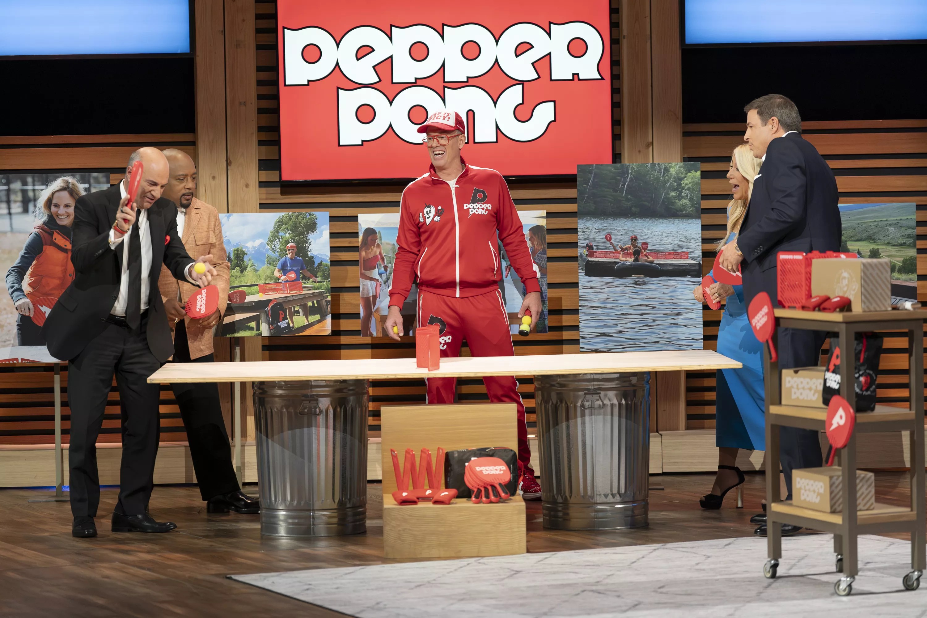 Shark tank hosts play pepper pong