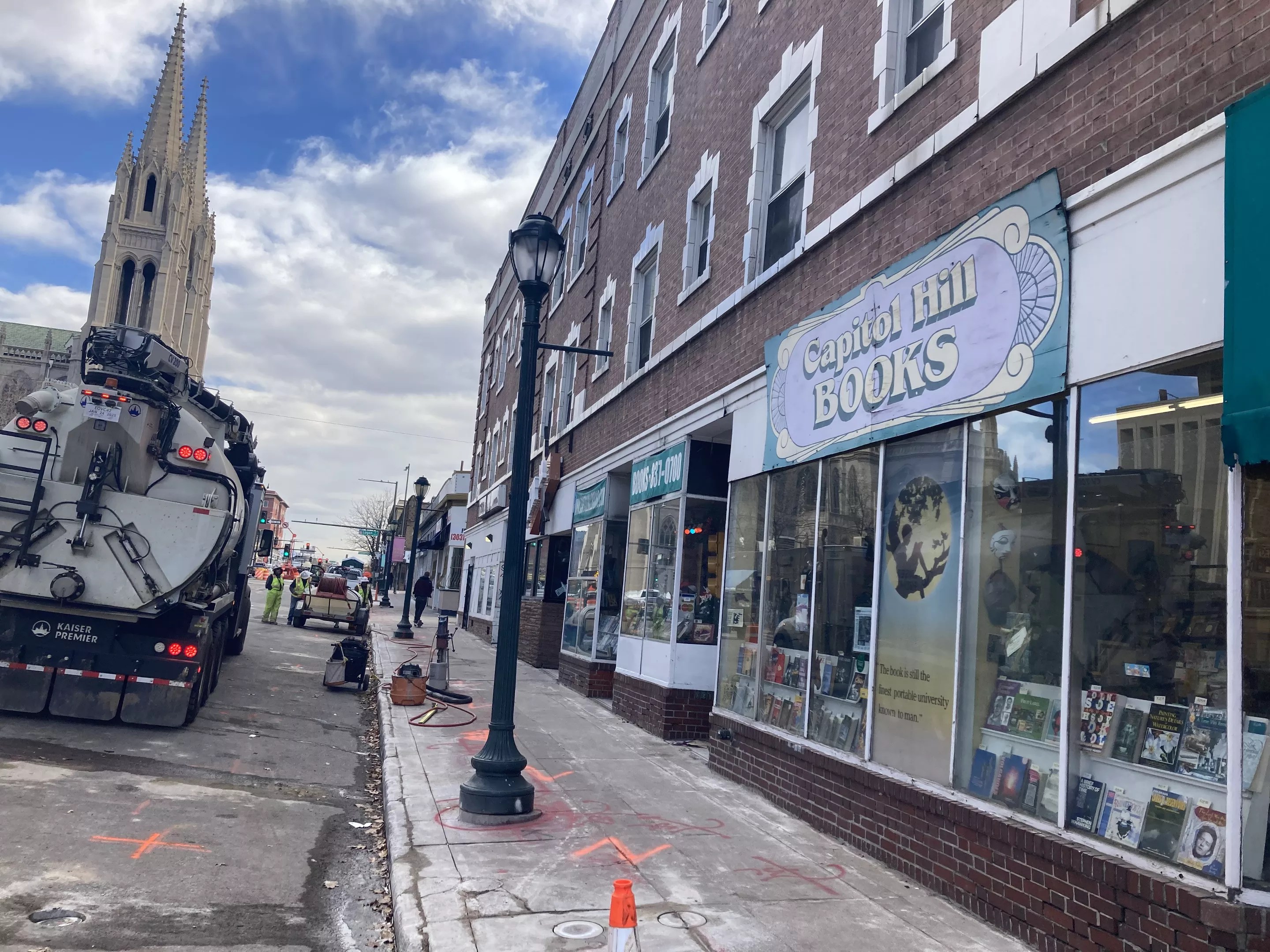 The sidewalk under construction next to Capitol Hill Books