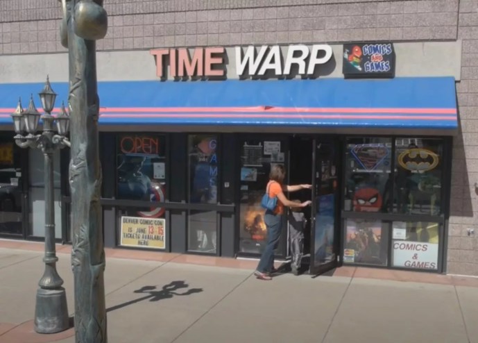 outside of Time Warp comic store in Boulder Colorado