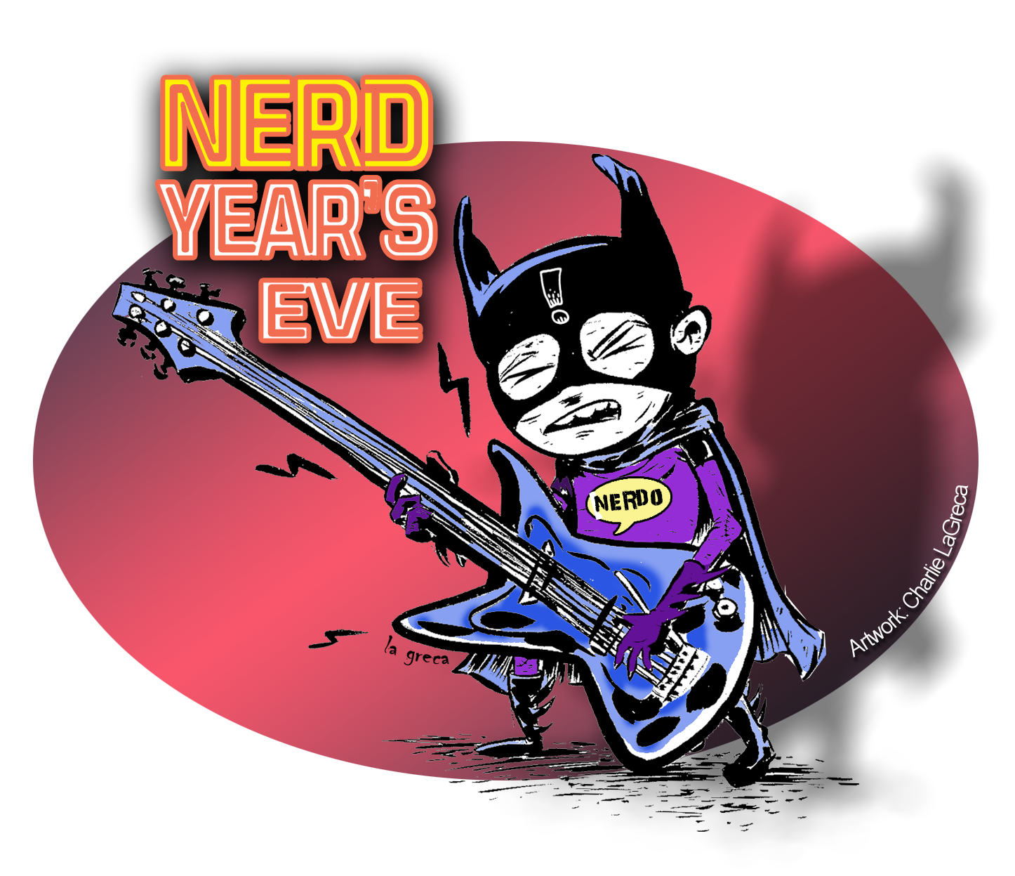 A cartoon superhero playing the guitar