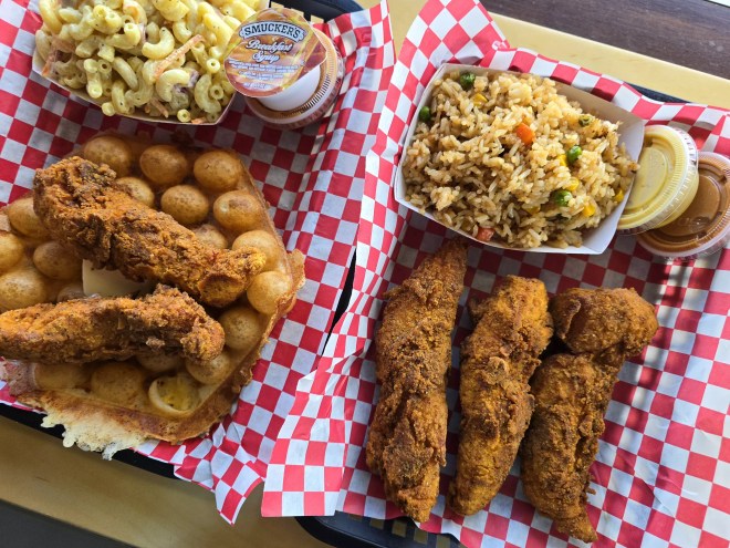 Chicken tenders, chicken and bubble waffles