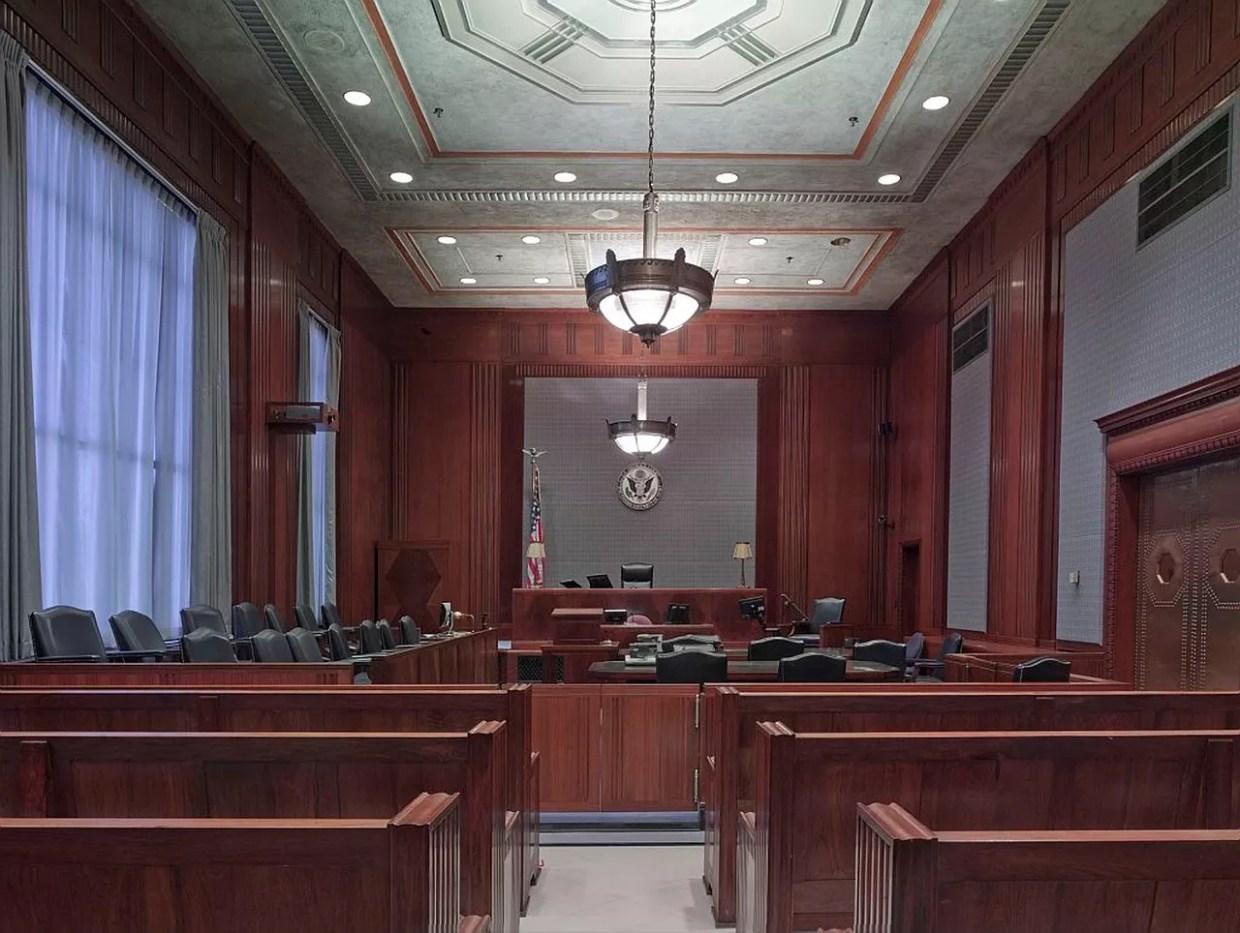 An empty courtroom.