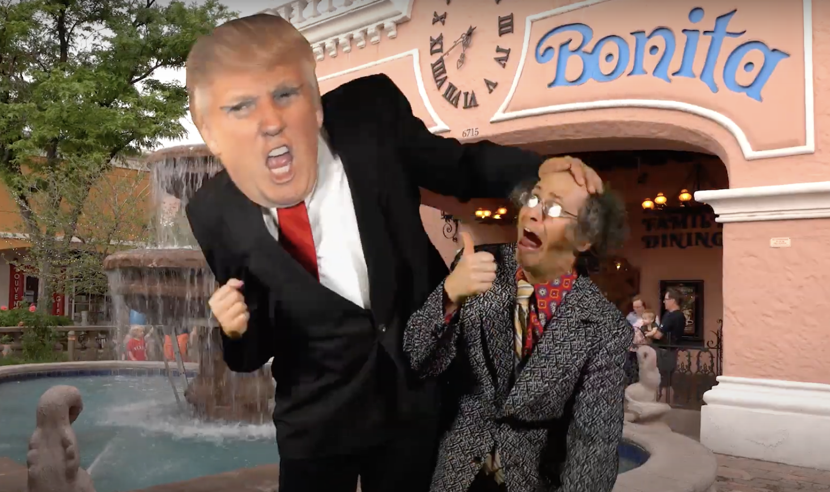 Little Fyodor being attacked by someone dressed like Donald Trump