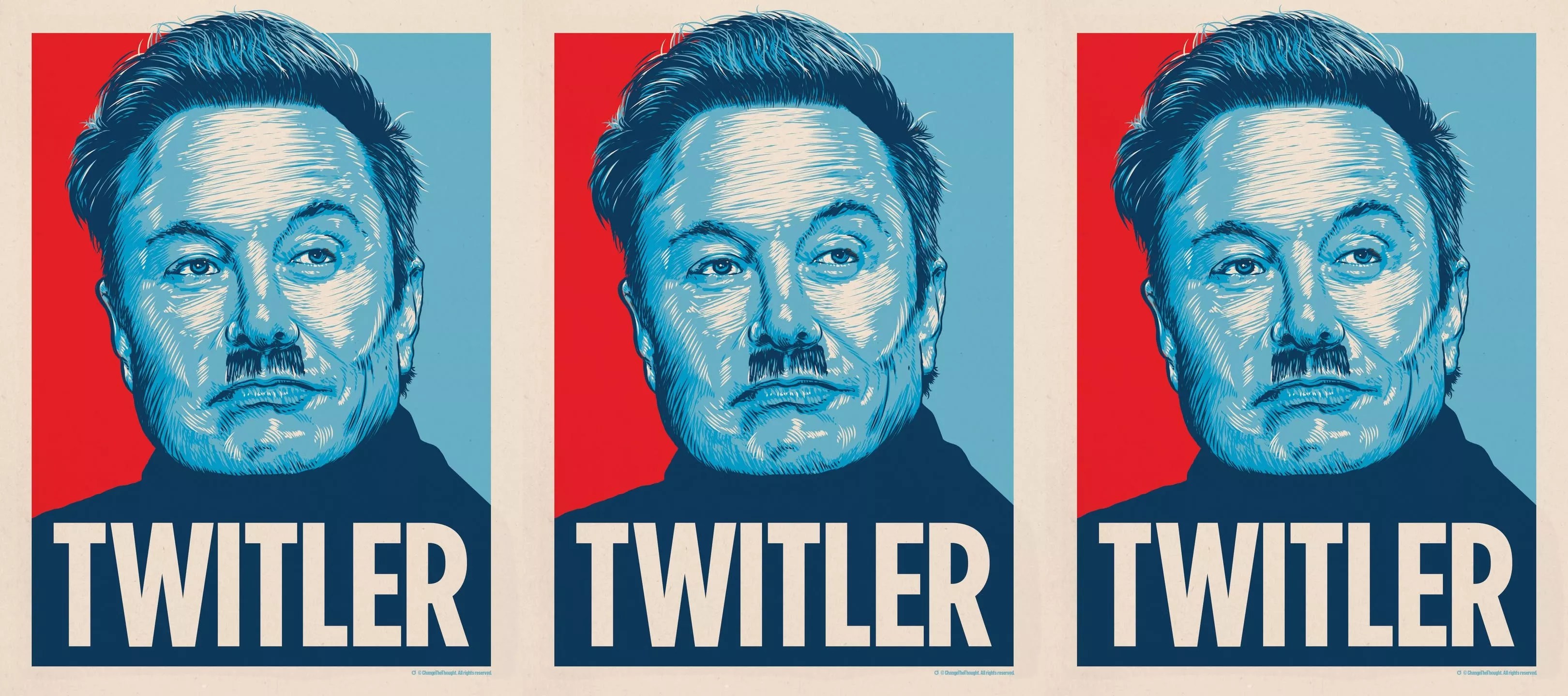 An illustration of Elon Musk with a Hitler mustahce.