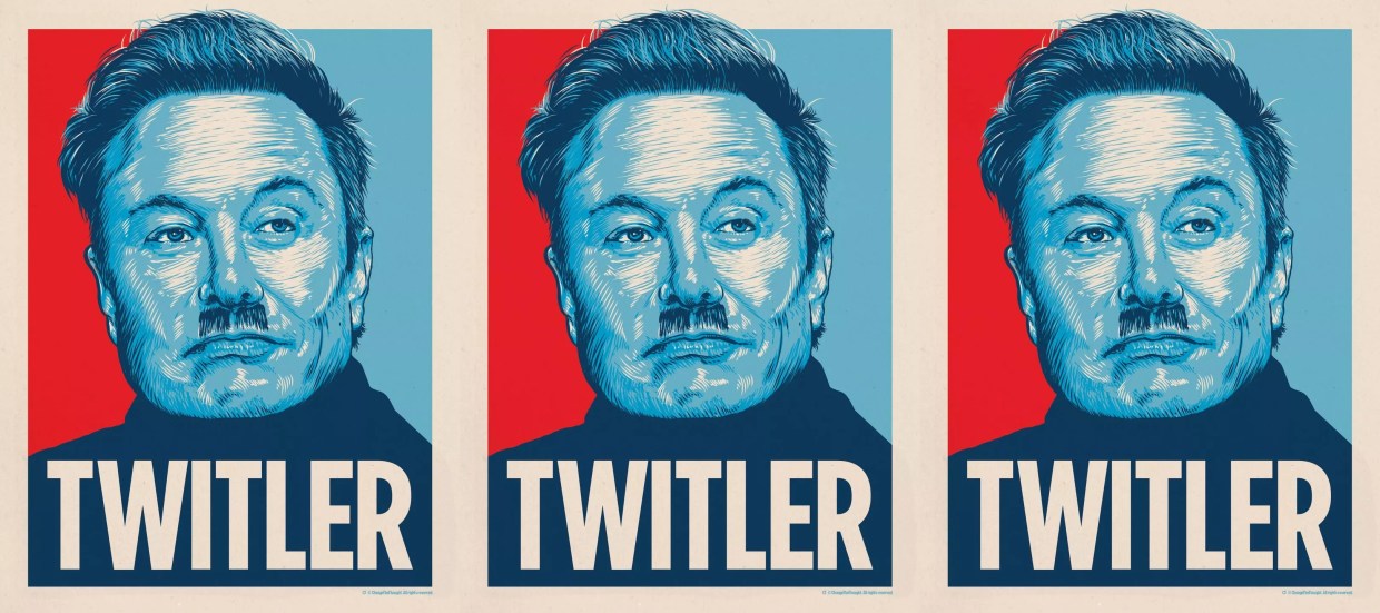 An illustration of Elon Musk with a Hitler mustahce.
