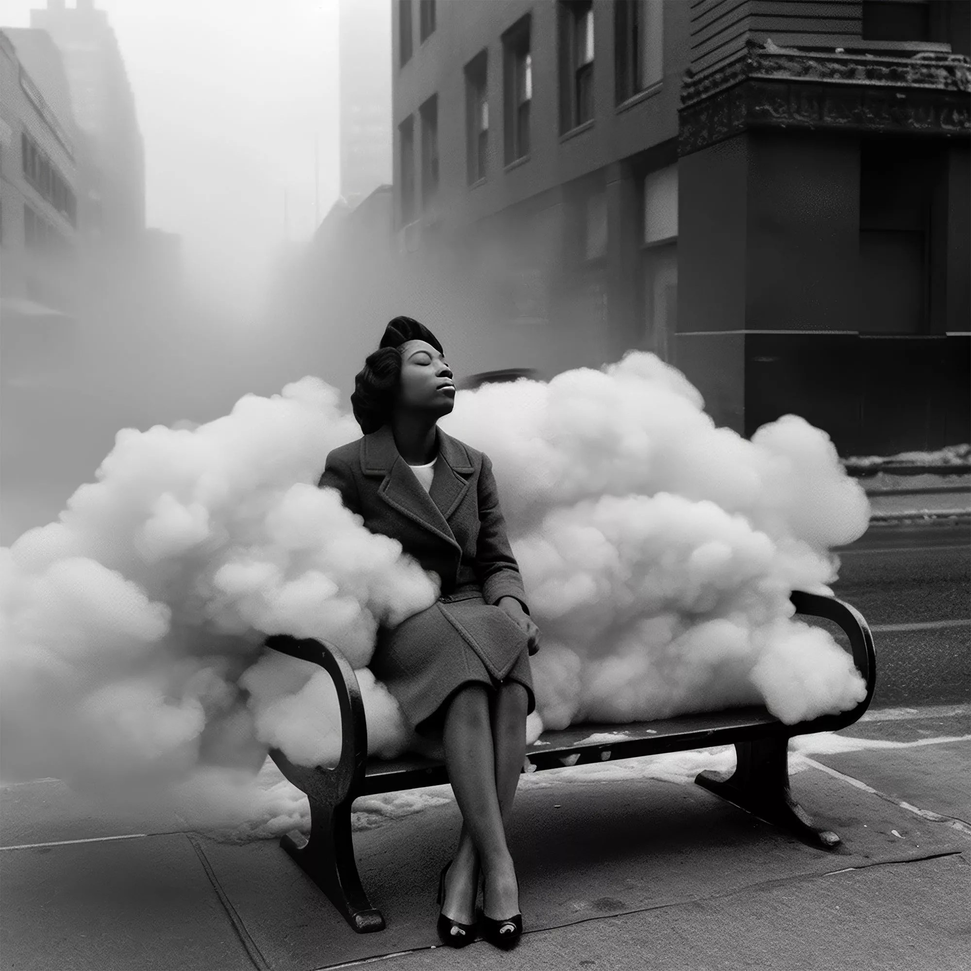 woman sitting on bus bench with clouds around her