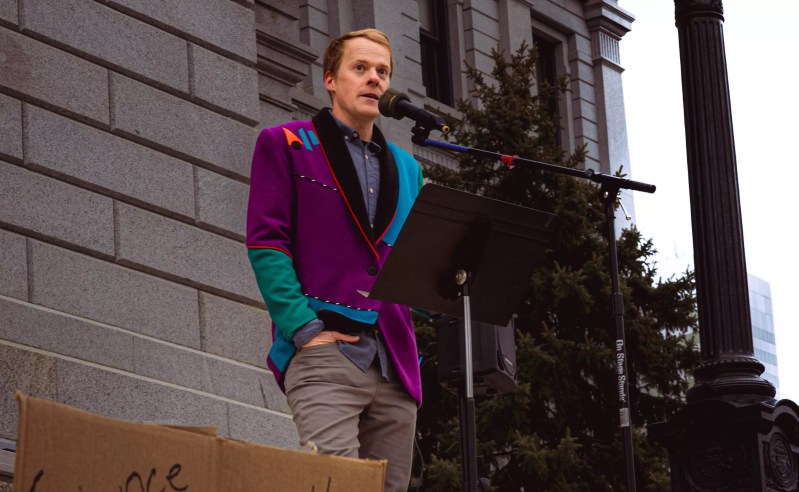 man speaking into mike