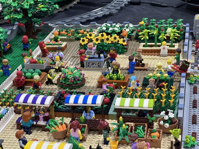 Sets of legos built into a market scene