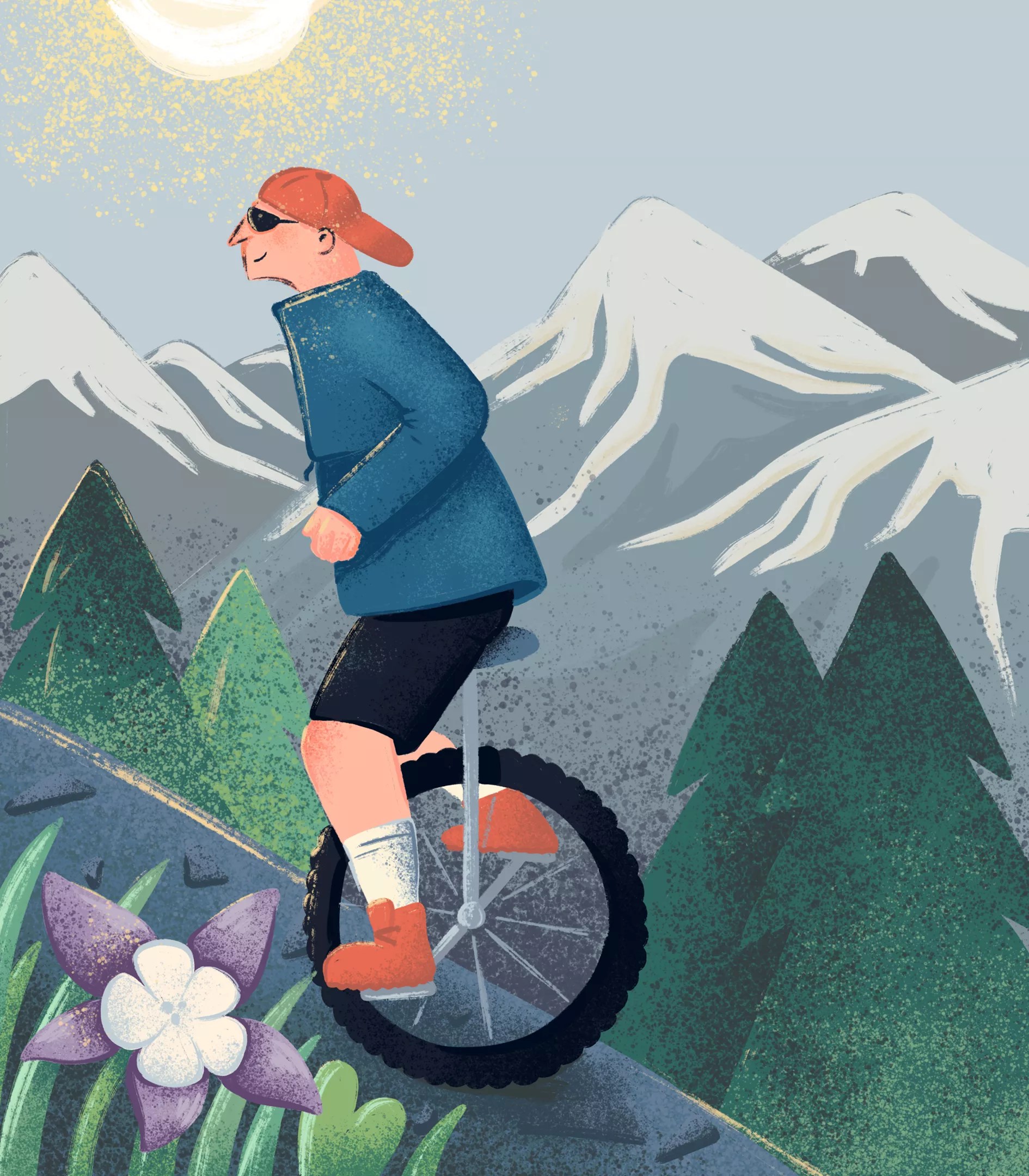man on unicycle going up mountains
