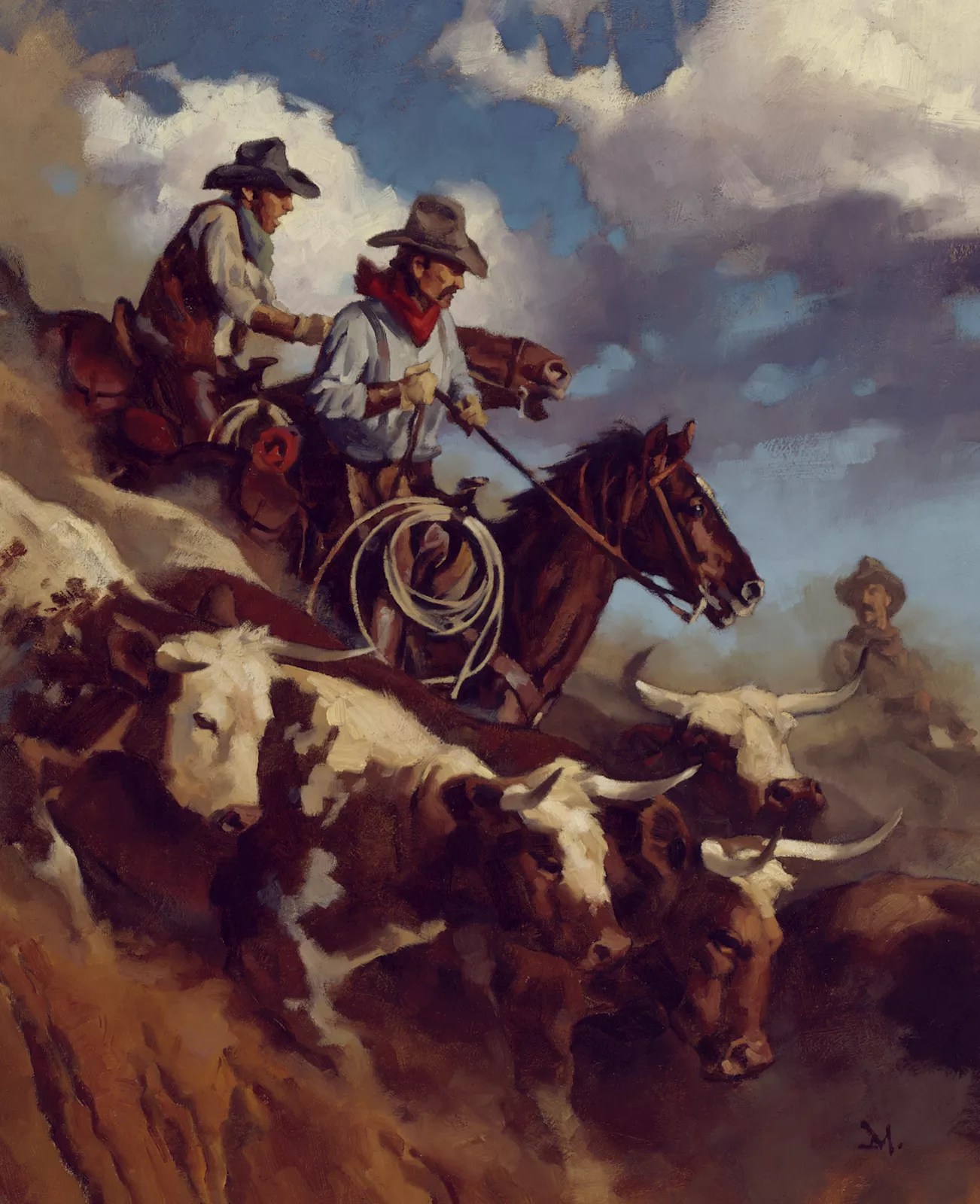 a painting of cowboys on horses