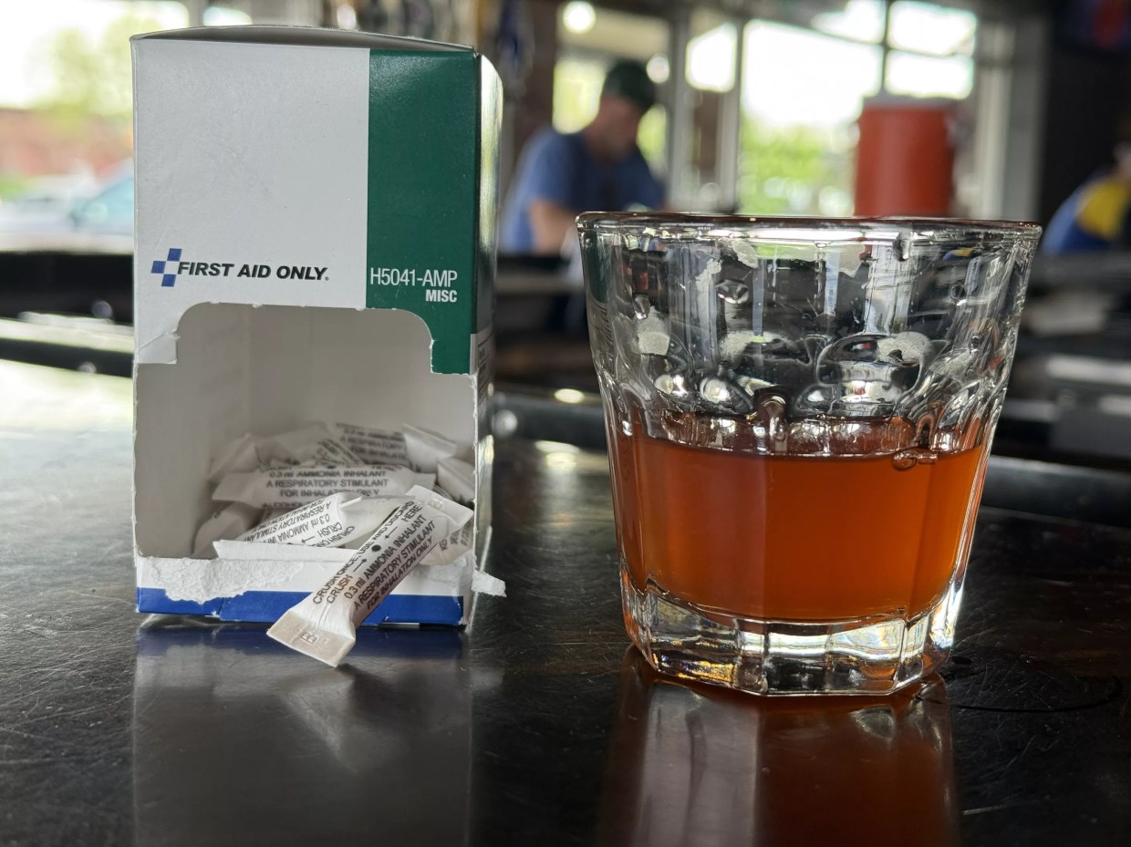 A box of smelling salts and a Skittles-infused shot at Skyline Pub.