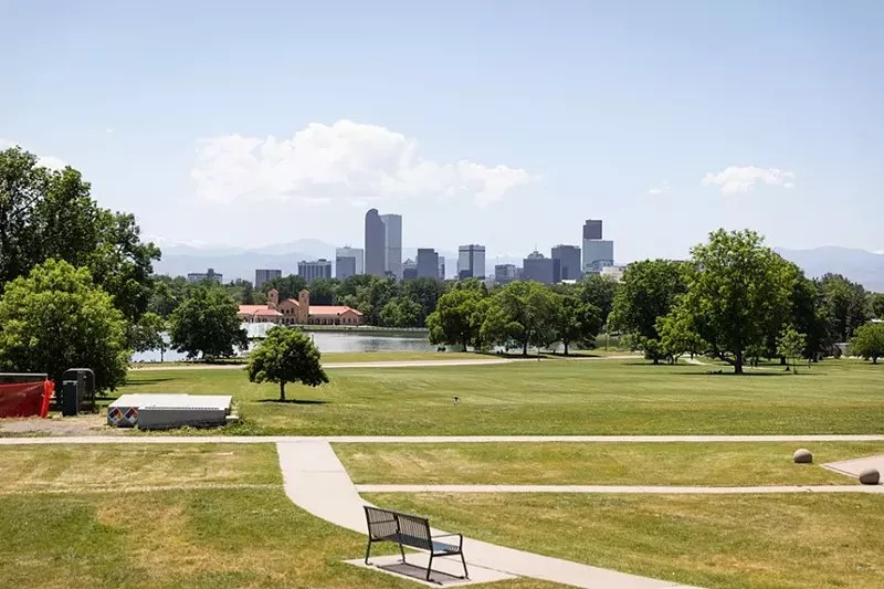 view from park of Denver skyline