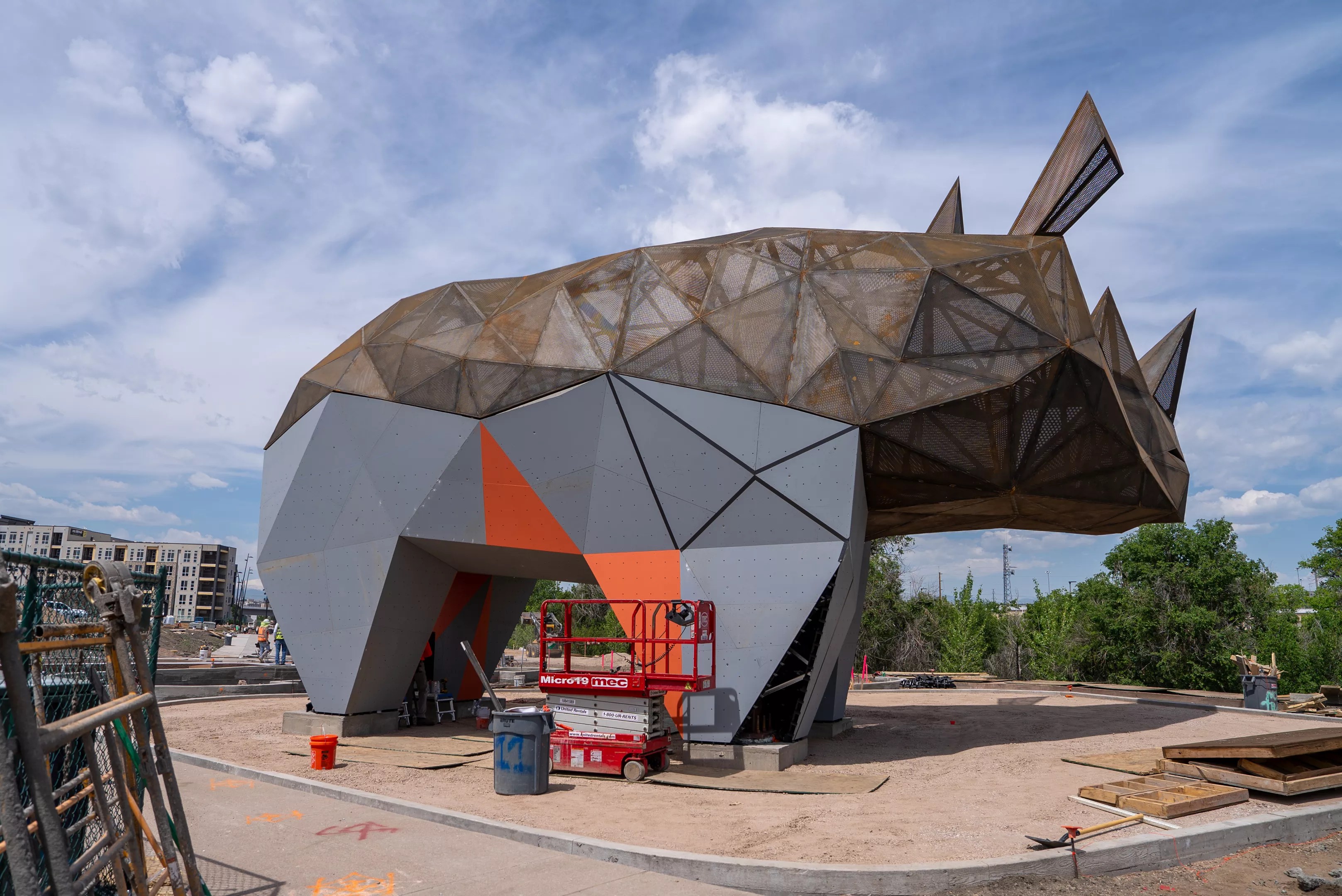 A progress photo of a sculpture being installed