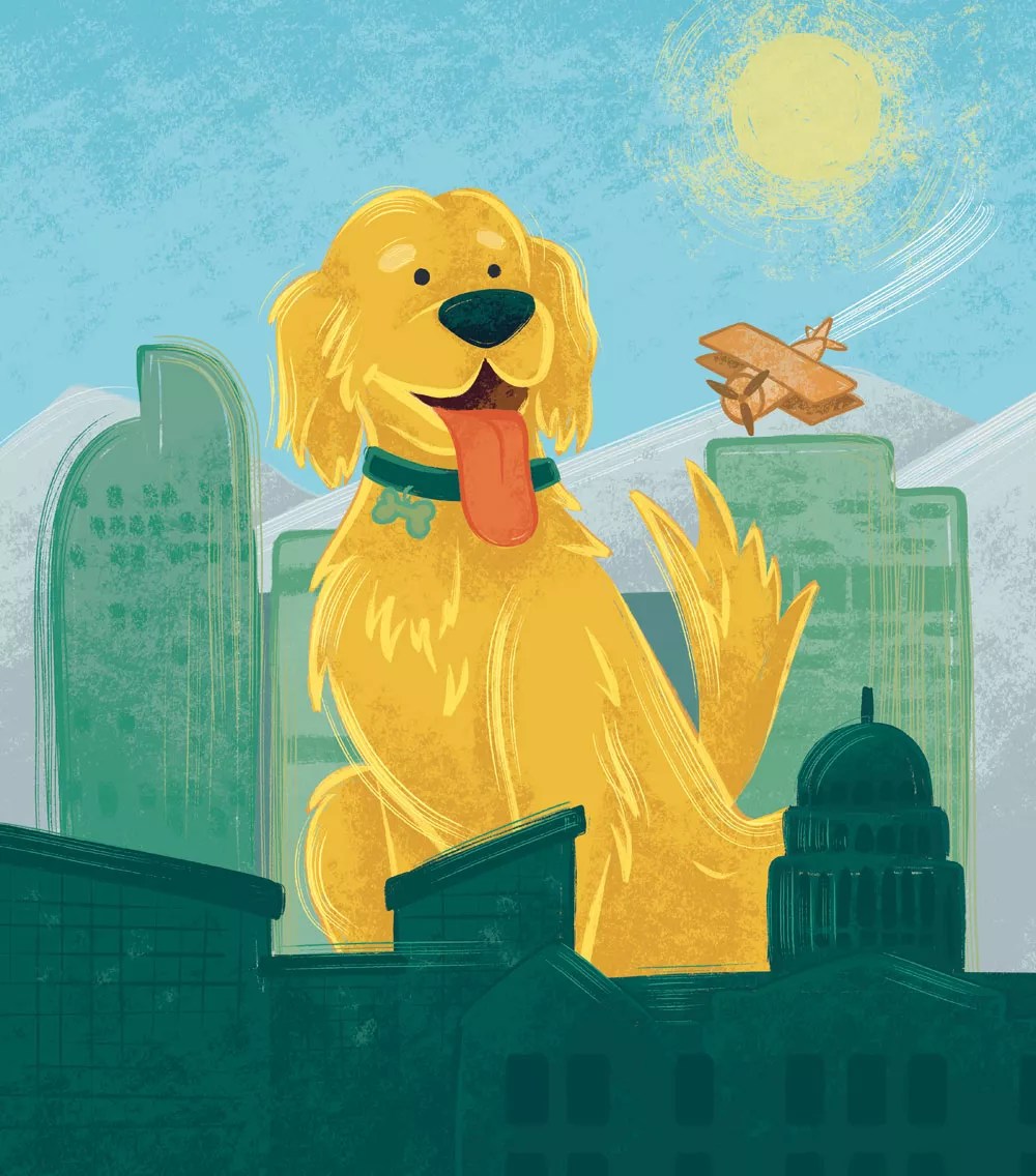 illustration of dog and denver skyline