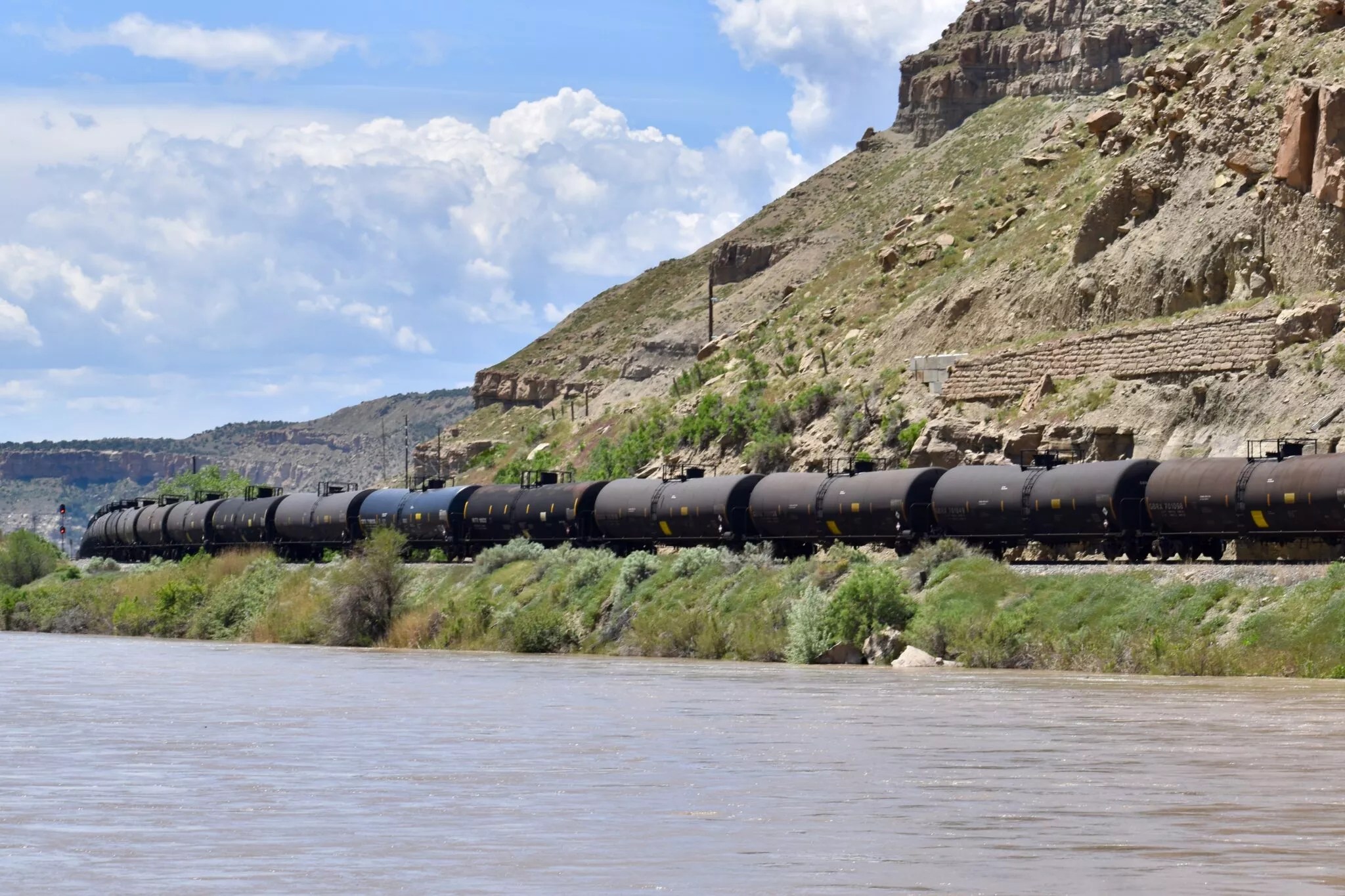 railcars along a river