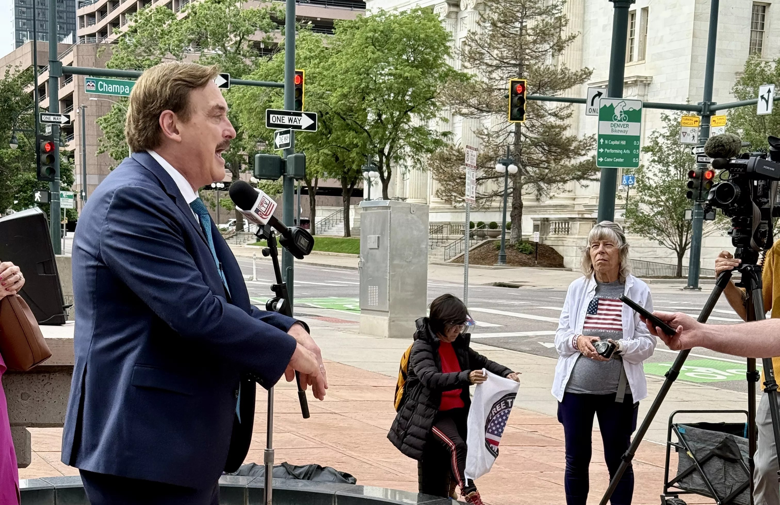 MyPillow CEO Mike Lindell outside the Arraj Courthouse on the first day of his defamation trial.