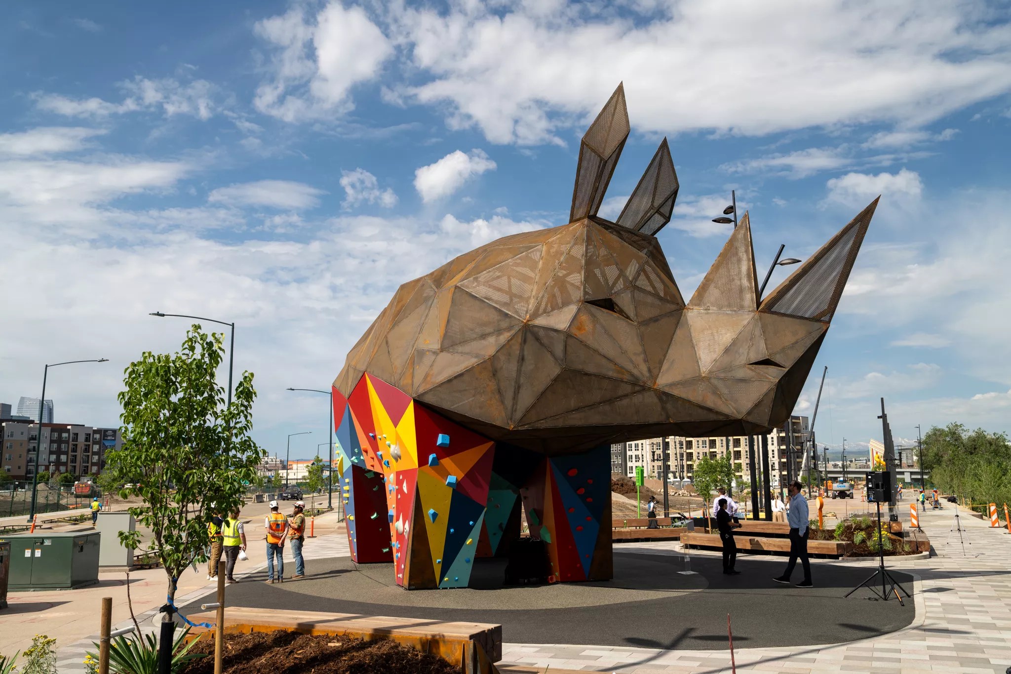 A large sculpture of a rhino