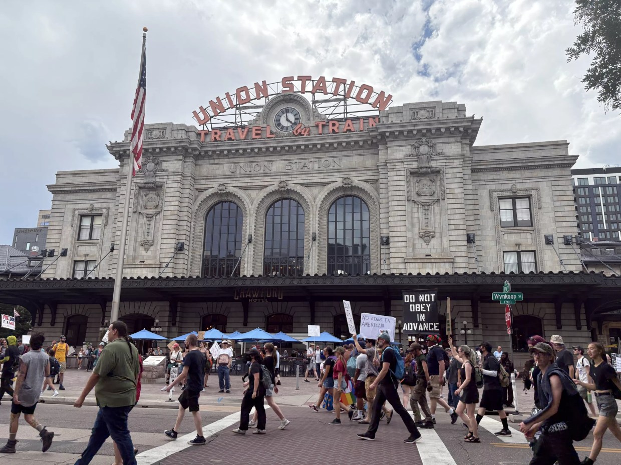 protesters in front of union station